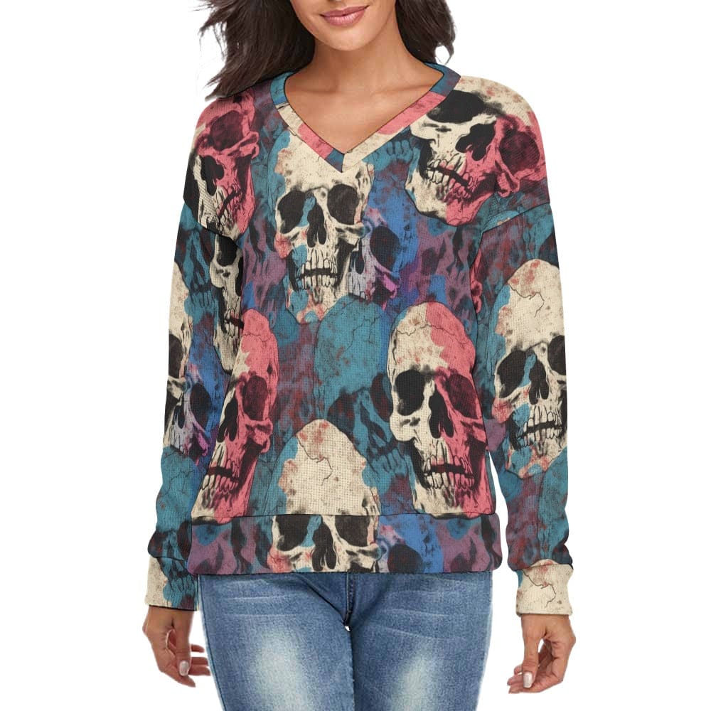 Women's Blue Pink Skulls V-Neck Long Sleeve Sweater