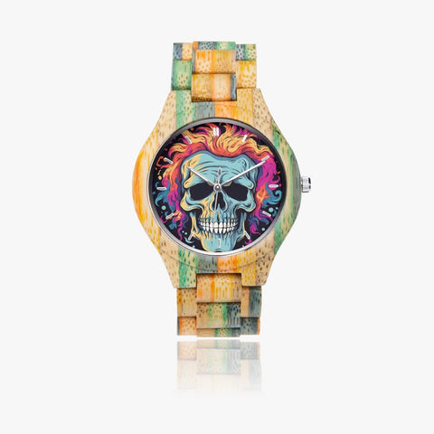 Colorful S,kull  Camouflage Wooden Watch - Green & Blue