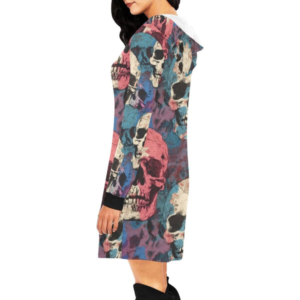 Women's Pink Blue White Skulls Hoodie Long Sleeve Dress