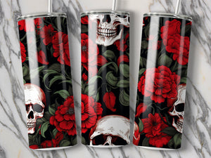 Skull Red Roses Stainless Steel 20oz Tumbler Travel Mug, Gothic