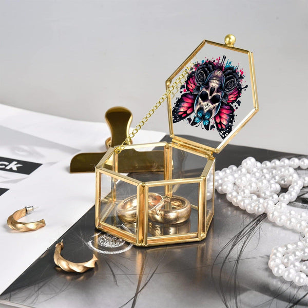 Gothic Butterfly Skulls Hexagon Glass Jewelry Box