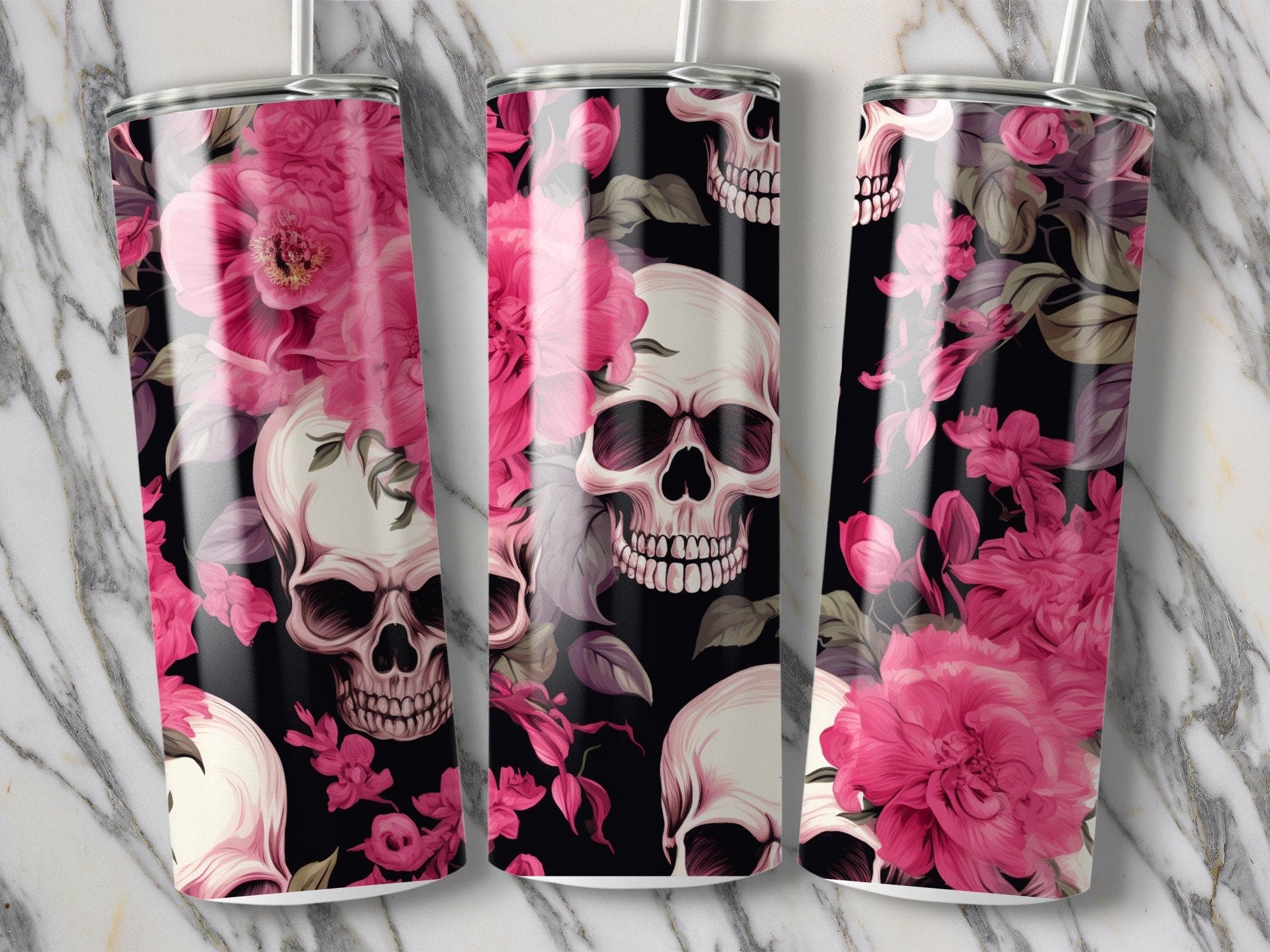 Skull Red Roses Stainless Steel 20oz Tumbler Travel Mug, Gothic