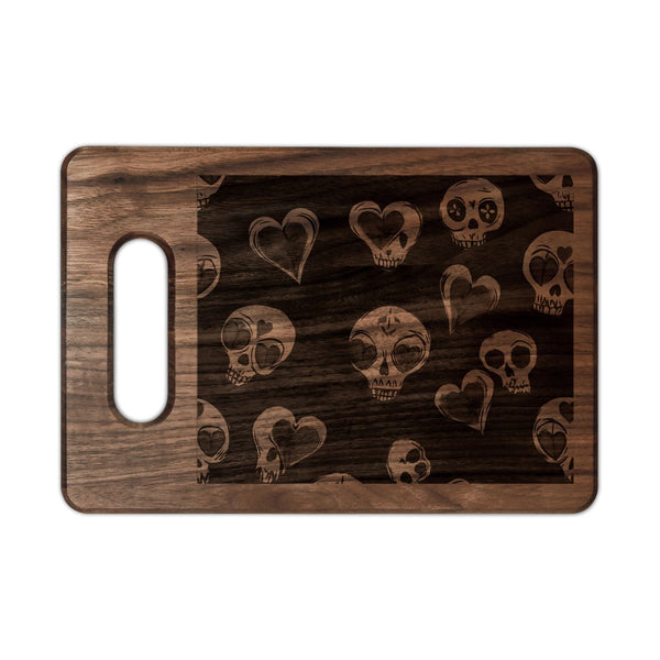 Engraved Skull & Hearts Wooden Cutting Board — Rustic Charcuterie Board