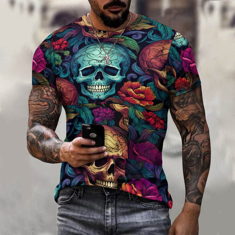 Men's Skulls With Vibrant Flowers Cotton Short Sleeve T-shirt