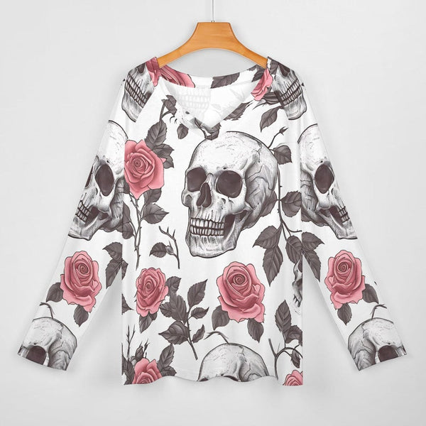 Women's Skull Pink Roses Long Sleeve Loose Tee