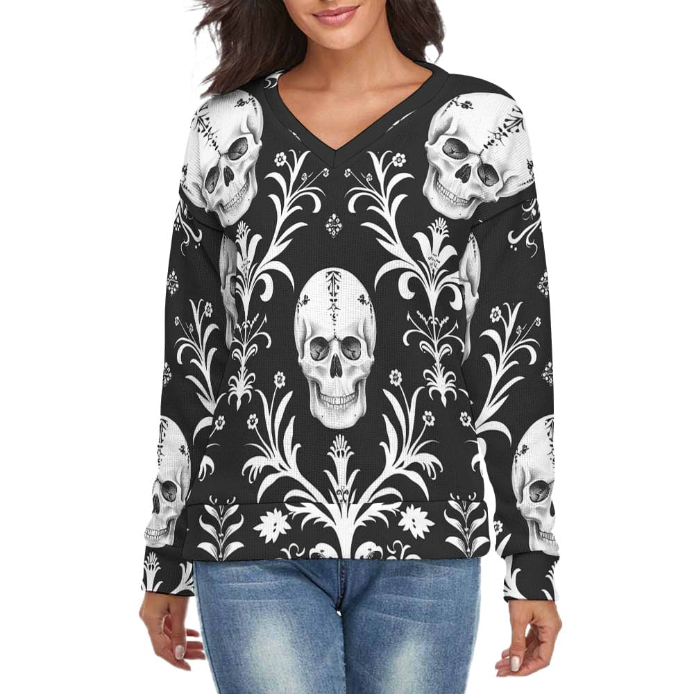 Women's V-Neck Skull Style Long Sleeve Sweater