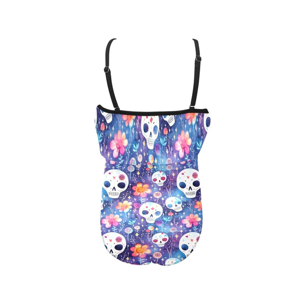 Kids' Bright Blue Floral Skull Spaghetti Strap Ruffle Swimsuit