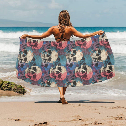 Introducing the stunning Blue Pink White Skulls Beach Towel - perfect for beach days and poolside lounging!