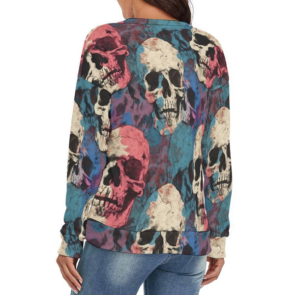 Women's Blue Pink Skulls V-Neck Long Sleeve Sweater