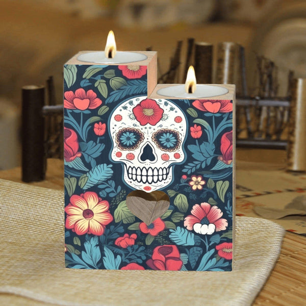 Blue Red Skulls Wooden Candle Holder