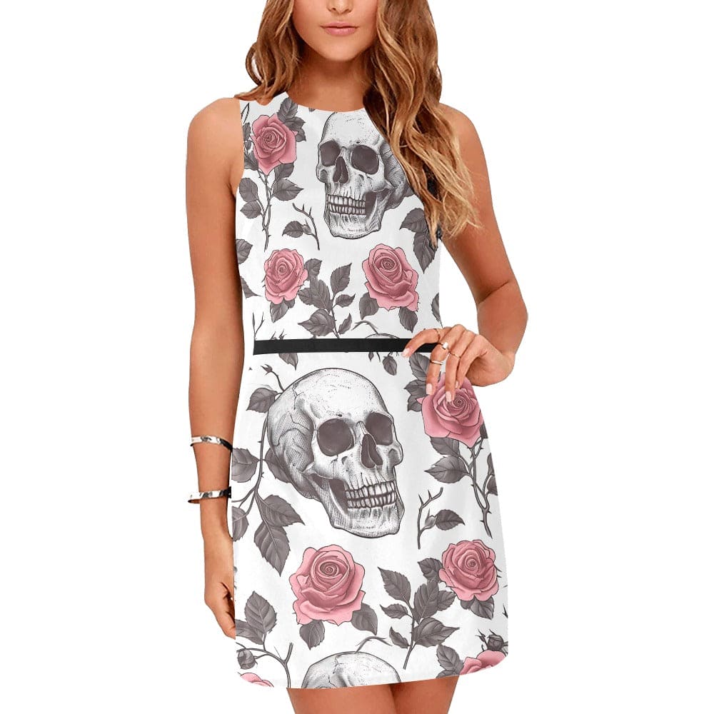 Women's Pink Roses And Skulls Sleeveless Dress