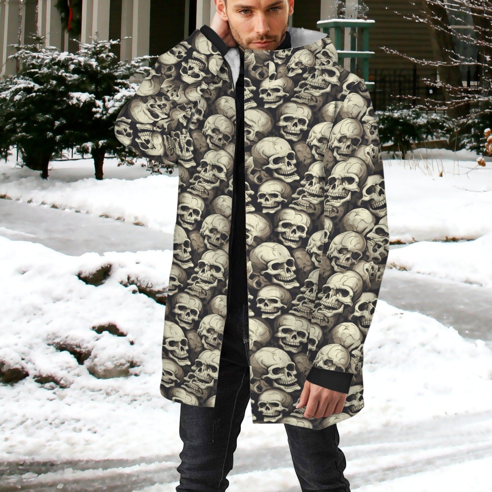 Men's Lots of Skulls Mid Length Hooded Coat – Everything Skull