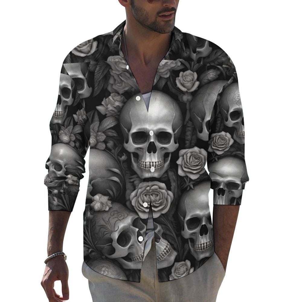 Men's Skulls Long Sleeve Shirt With Pocket Lapel