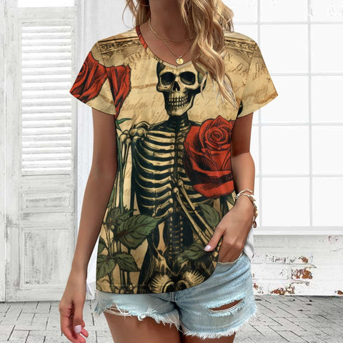 Vintage Skull & Roses V-neck Short Sleeve T-shirt