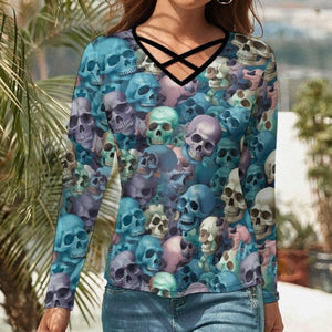 Women's Pastel Skulls V-Neck Long Sleeve T-Shirt