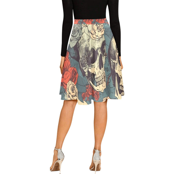 Skull Pattern With Red Flowers Pleated Knee Length Skirt