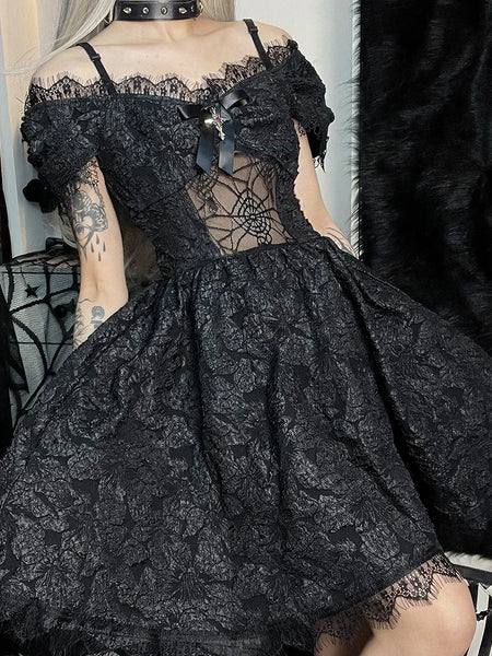 Gothic Black Spider Web Lace Patchwork Dress