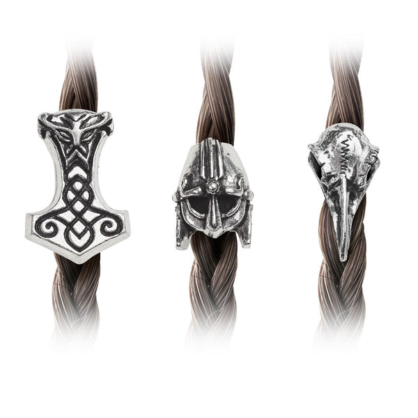 Set Of Three Hair Beads Thors Hammer, Raven Skull & Helmet