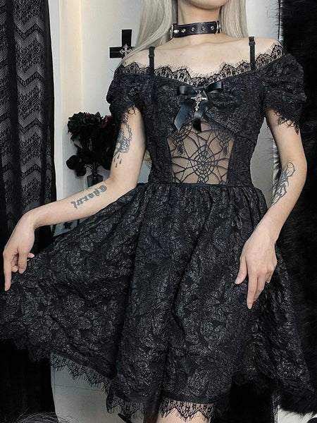 Gothic Black Spider Web Lace Patchwork Dress