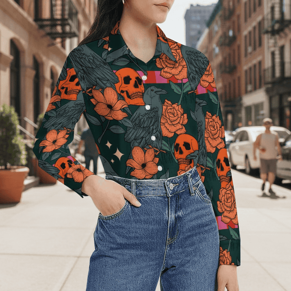 The Amber Bloom Skull & Orange Rose Long Sleeve Blouse