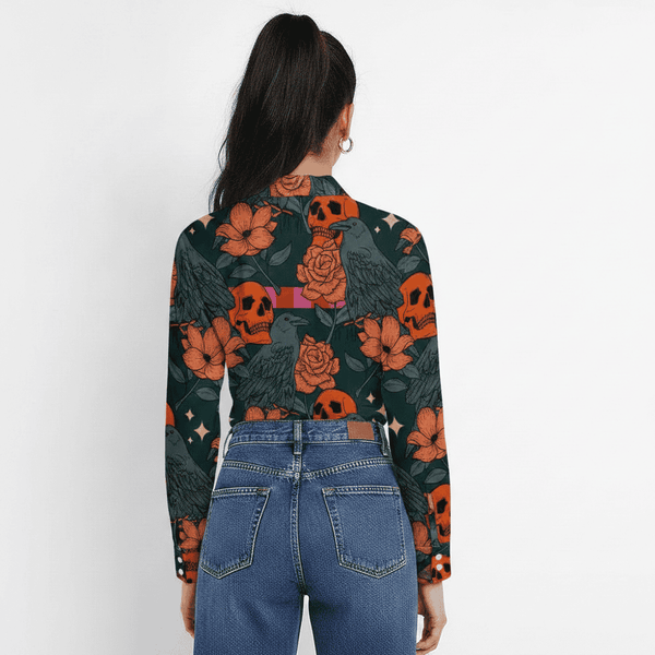 The Amber Bloom Skull & Orange Rose Long Sleeve Blouse