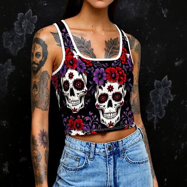 Womens Colorful Skulls Casual Crop Tank Top