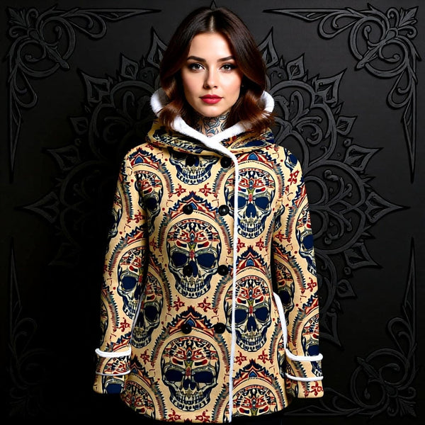 Women's Tribal Skulls Design Hooded Double-Breasted Winter Coat With Fleece