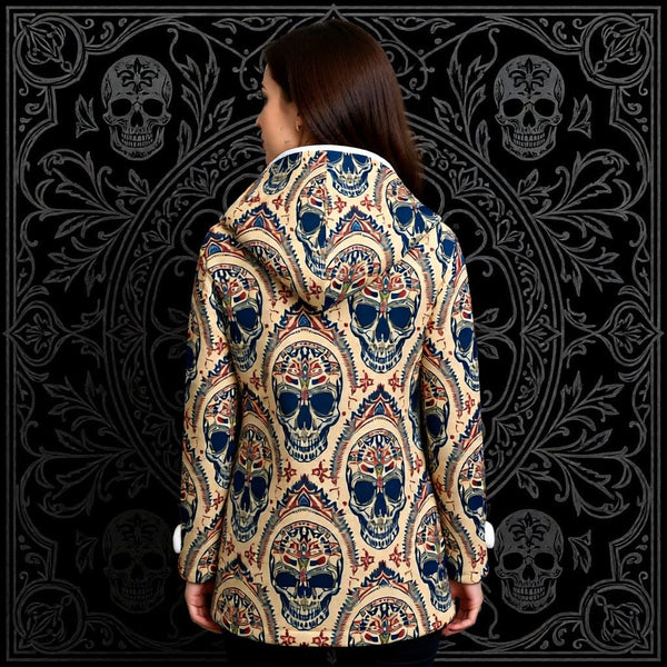 Women's Tribal Skulls Design Hooded Double-Breasted Winter Coat With Fleece