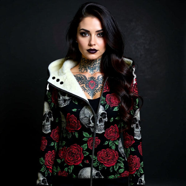 Women's Skulls And Red Roses Long Jacket With Fleece Lining