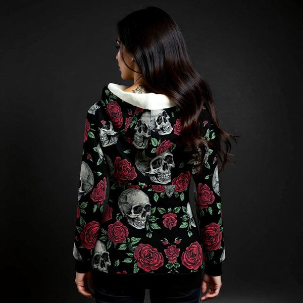 Women's Skulls And Red Roses Long Jacket With Fleece Lining