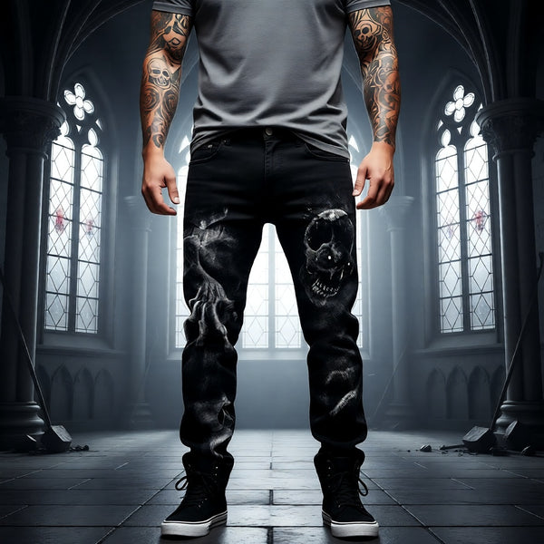 Men’s Skull Print Punk Stretch Jeans – Edgy Gothic Denim Trousers