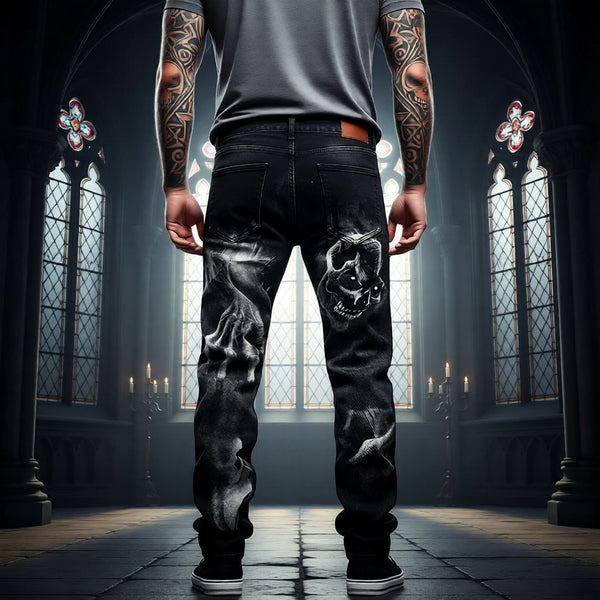 Men’s Skull Print Punk Stretch Jeans – Edgy Gothic Denim Trousers
