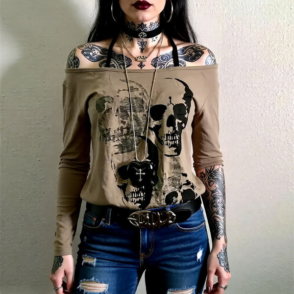 Women’s Vintage Skull Print Off-Shoulder Top – Edgy Casual Punk Streetwear