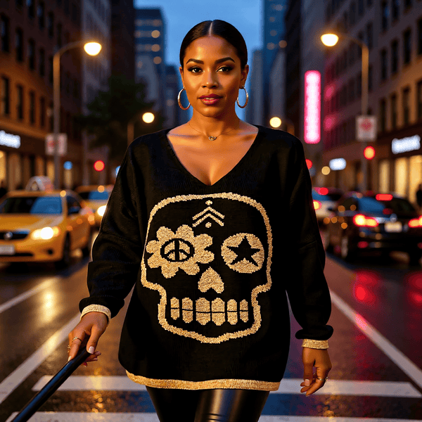 The Nocturnal Distortion Skull V-Neck Knit Sweater