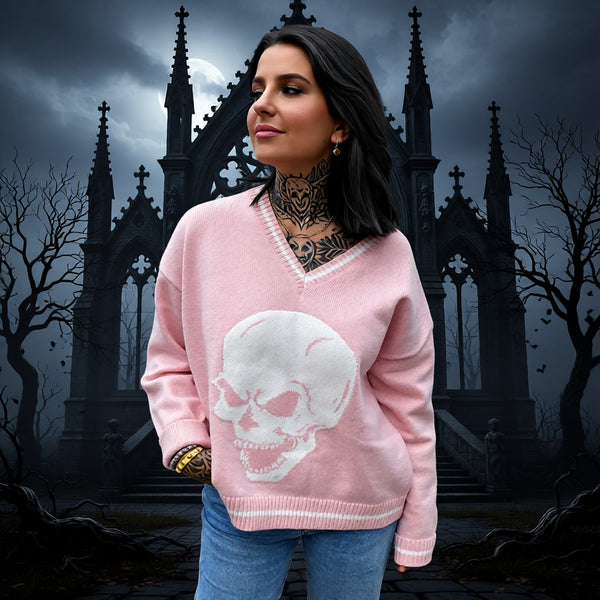 Women’s Skull Print Contrasting V-Neck Knitted Sweater – Loose Fit Slimming Warm Top