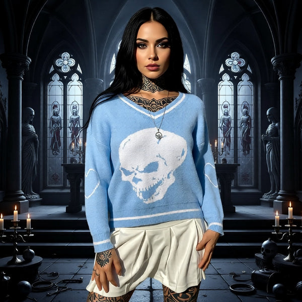 Women’s Skull Print Contrasting V-Neck Knitted Sweater – Loose Fit Slimming Warm Top