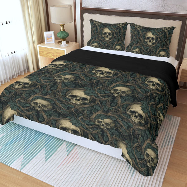 Skulls Intertwined With Vines Three Piece Duvet Bedding Set