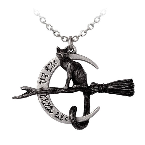 Black Cat on A Broomstick With A Symbol-Etched Moon Behind Pendant