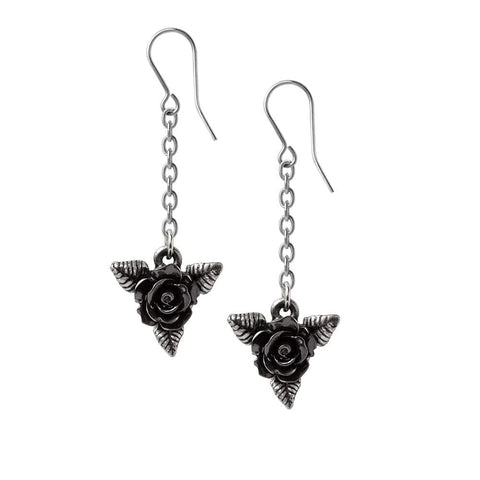 Black Rose With Silver Leaves Dropper Earrings