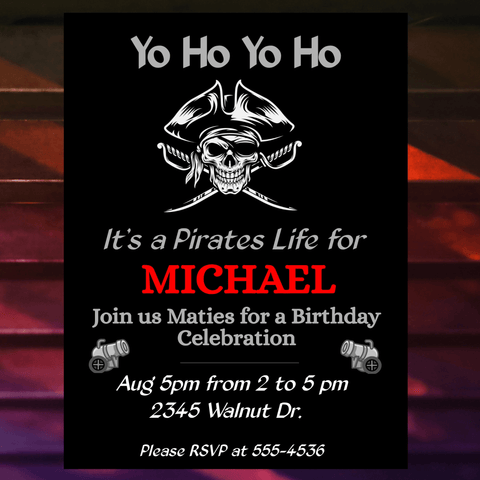 Yo Ho Yo Ho Skull Invitation - Personalized Skull Ready to Print Invitation