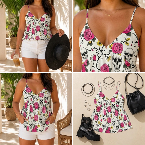 The Thorned Romance Skull & Roses Cami Peplum Top