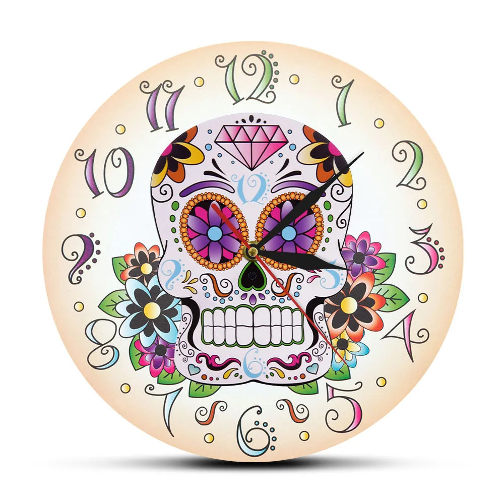 Day of the Dead Mexican Floral Skull Wall Clock For Home Decor