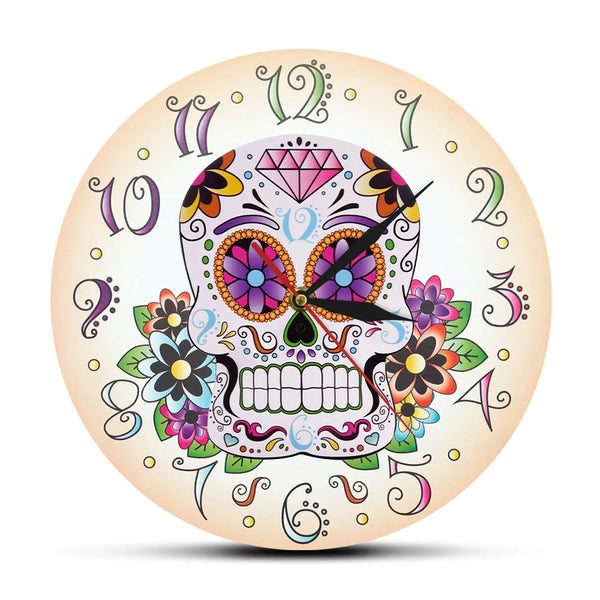 Day of the Dead Mexican Floral Skull Wall Clock For Home Decor