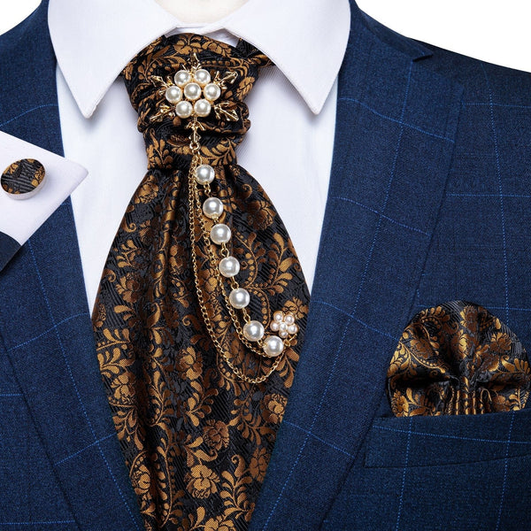 Men's Premium Silk Ascot Tie Brooch Pin Classic Vintage Necktie Set