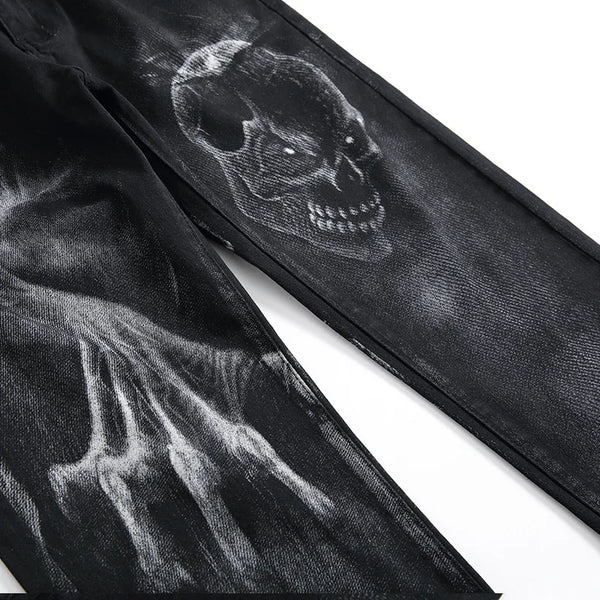 Men's Dark Streetwear Skull Print Vintage  Jeans
