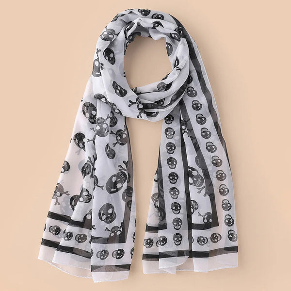 Black Chiffon Skull Print Fashion Long Scarf For Women