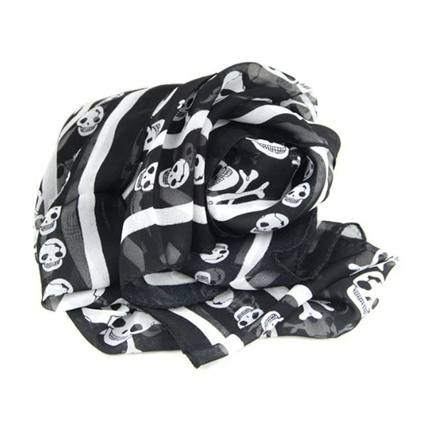 Black Chiffon Skull Print Fashion Long Scarf For Women