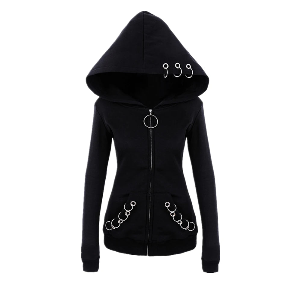 Women's Gothic Punk Iron Ring Long Sleeve Zip-up Black Jacket