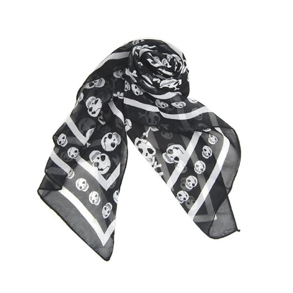 Black Chiffon Skull Print Fashion Long Scarf For Women