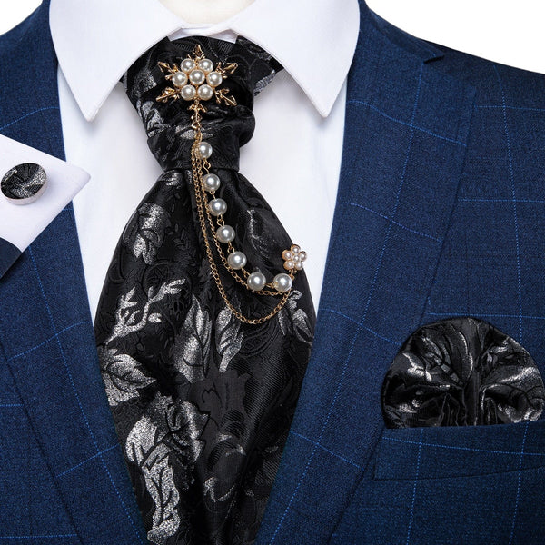 Men's Premium Silk Ascot Tie Brooch Pin Classic Vintage Necktie Set